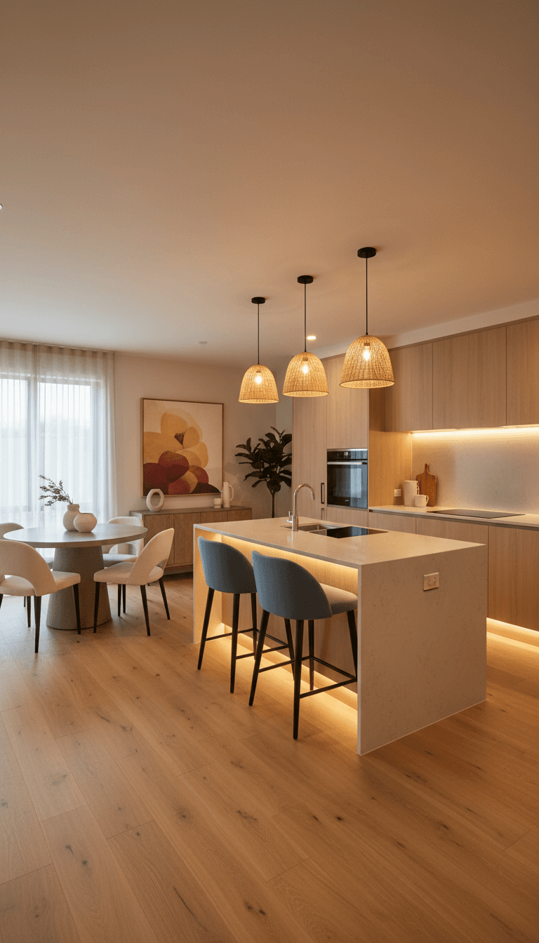 Staged kitchen and dining space with modern furniture and warm atmosphere