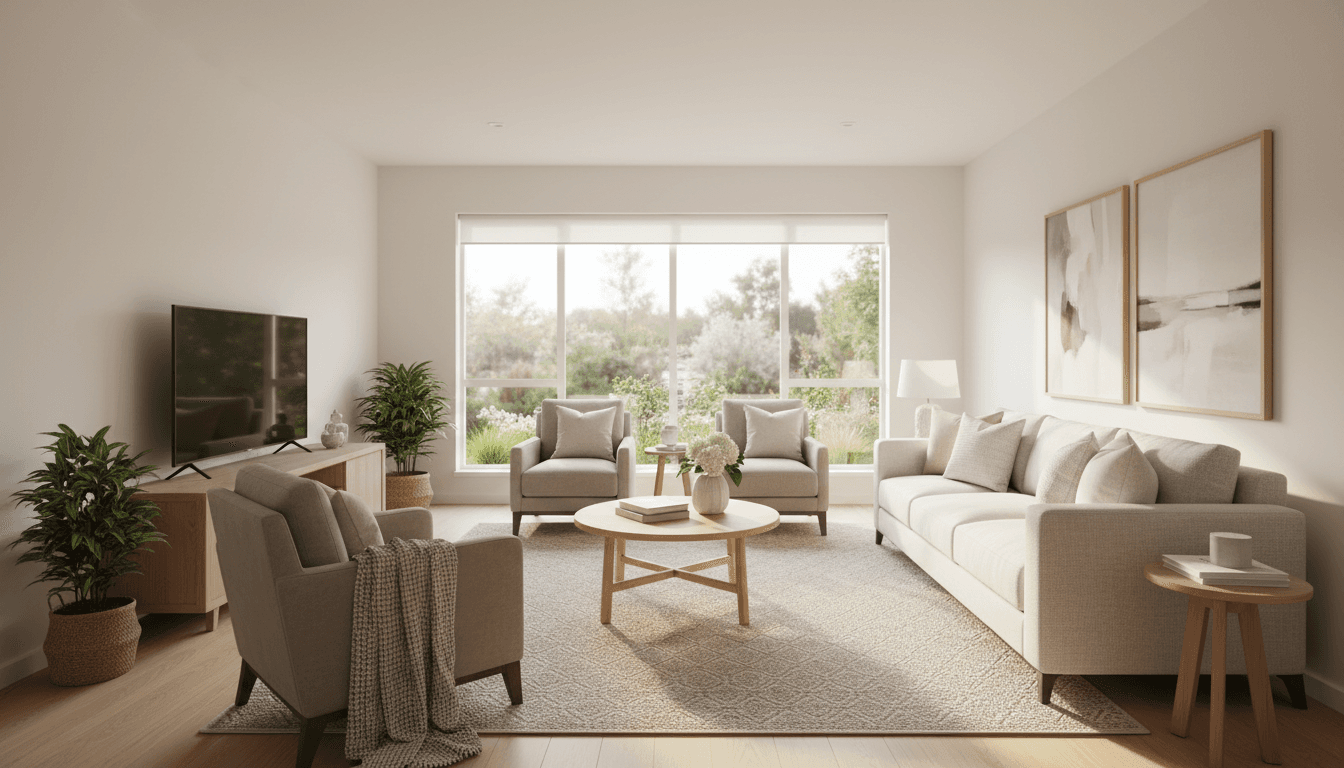 Staged retirement village apartment with modern furniture and warm lighting