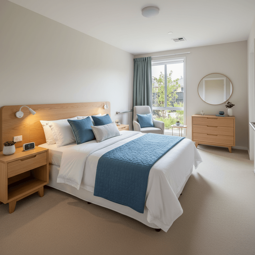 Staged bedroom with accessible layout and comfortable modern furniture