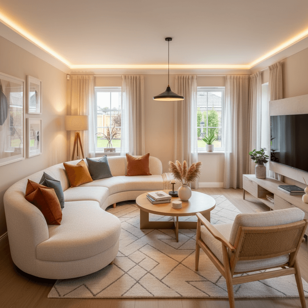 Professionally staged living room in retirement village unit