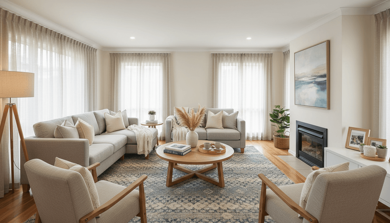 Modern staged living room in retirement village with comfortable furniture and warm inviting atmosphere