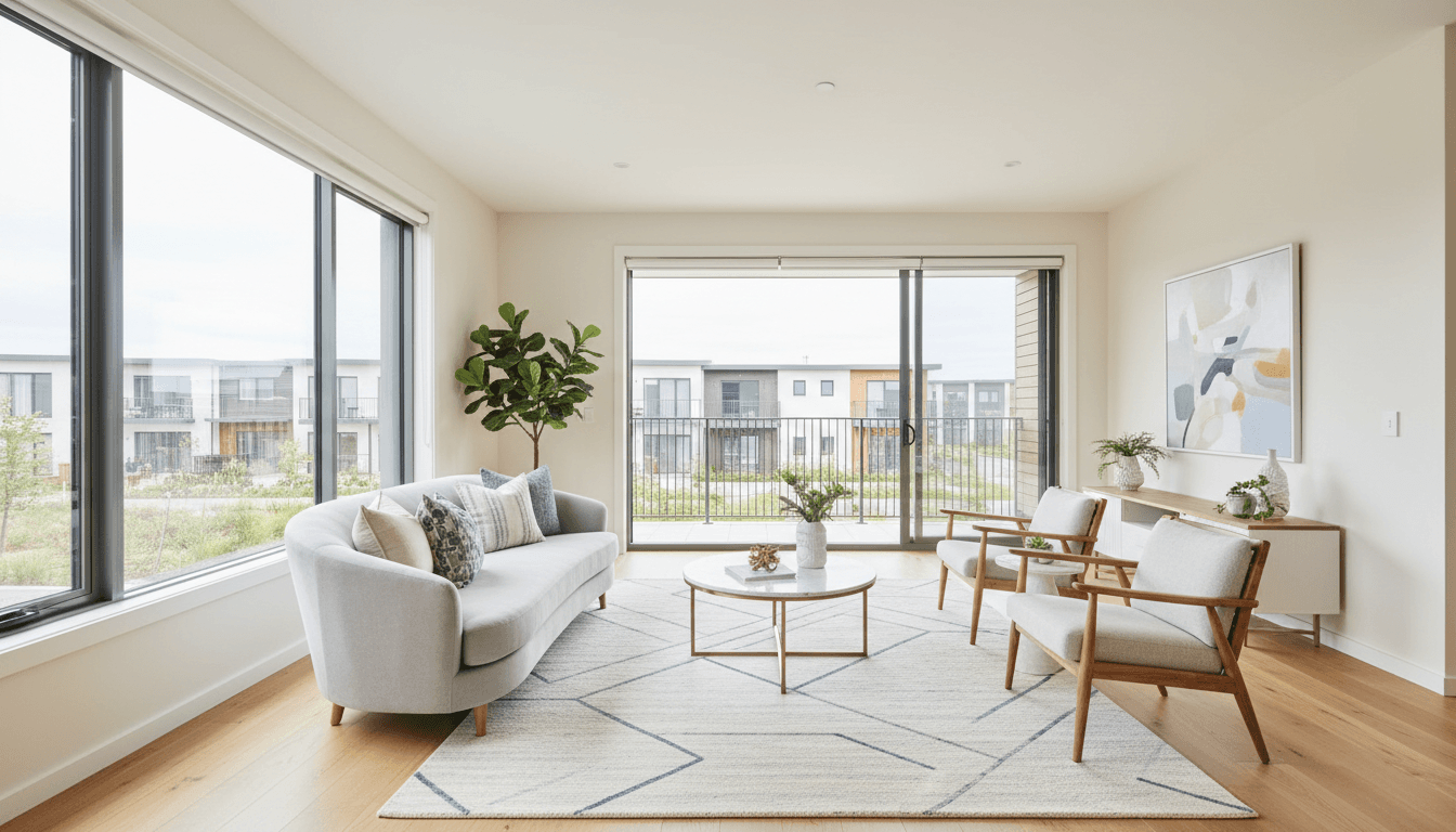 Staged modern retirement living unit with welcoming furniture and natural light