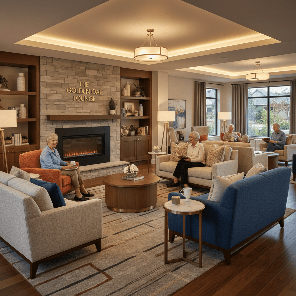 Modern retirement community lounge with comfortable seating and warm lighting