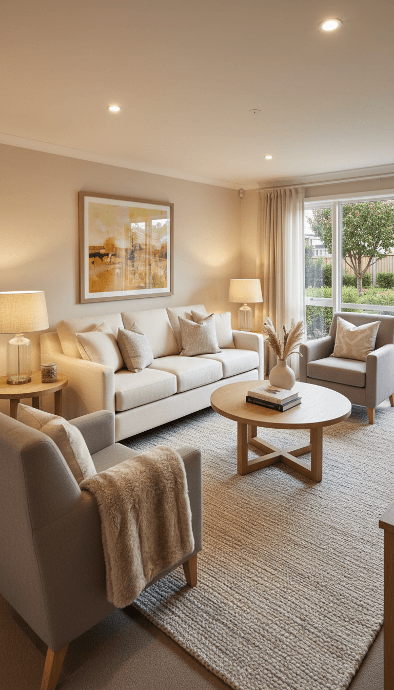 Beautifully staged retirement village apartment with modern furniture and warm inviting lighting