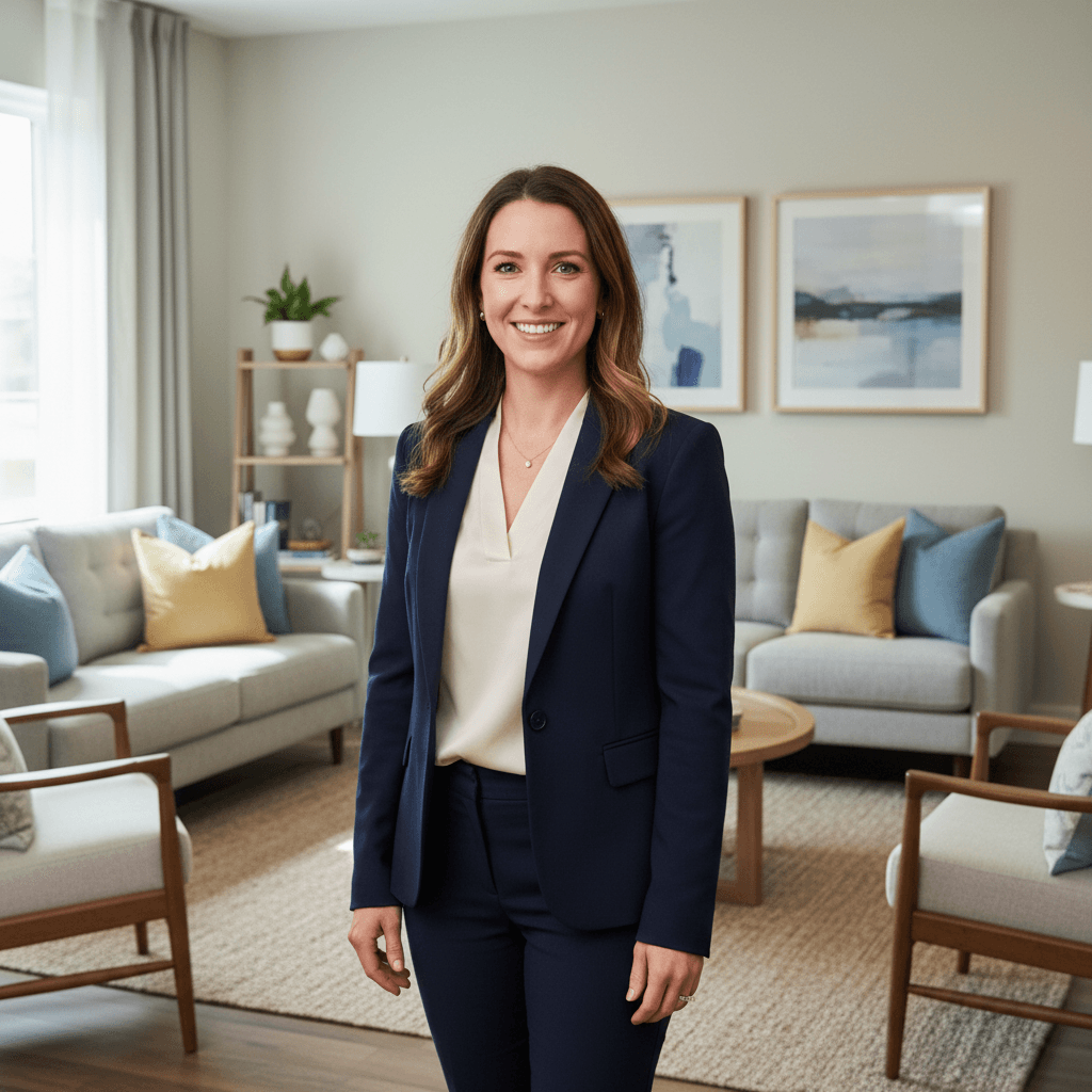 Smiling professional woman in a navy suit standing in a bright, modern living room.