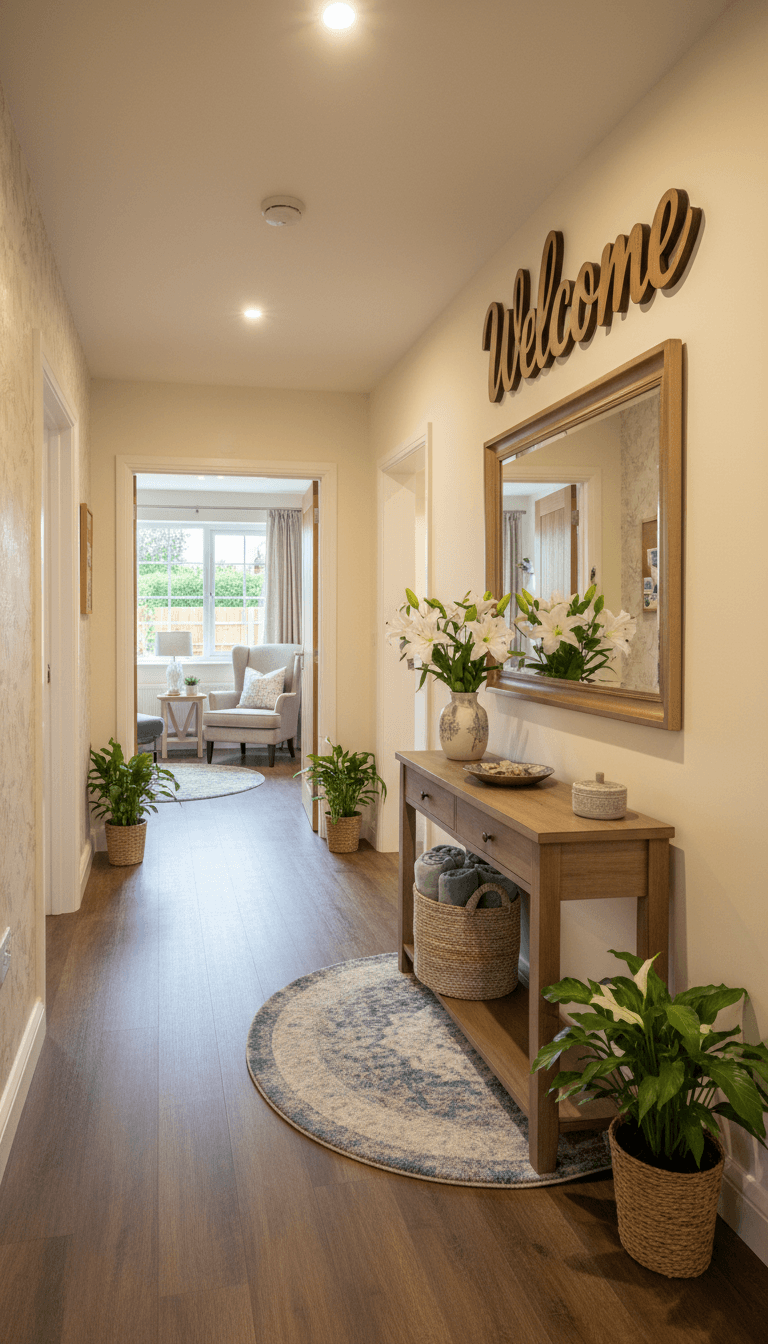 Staged entry area creating inviting first impression for prospective residents