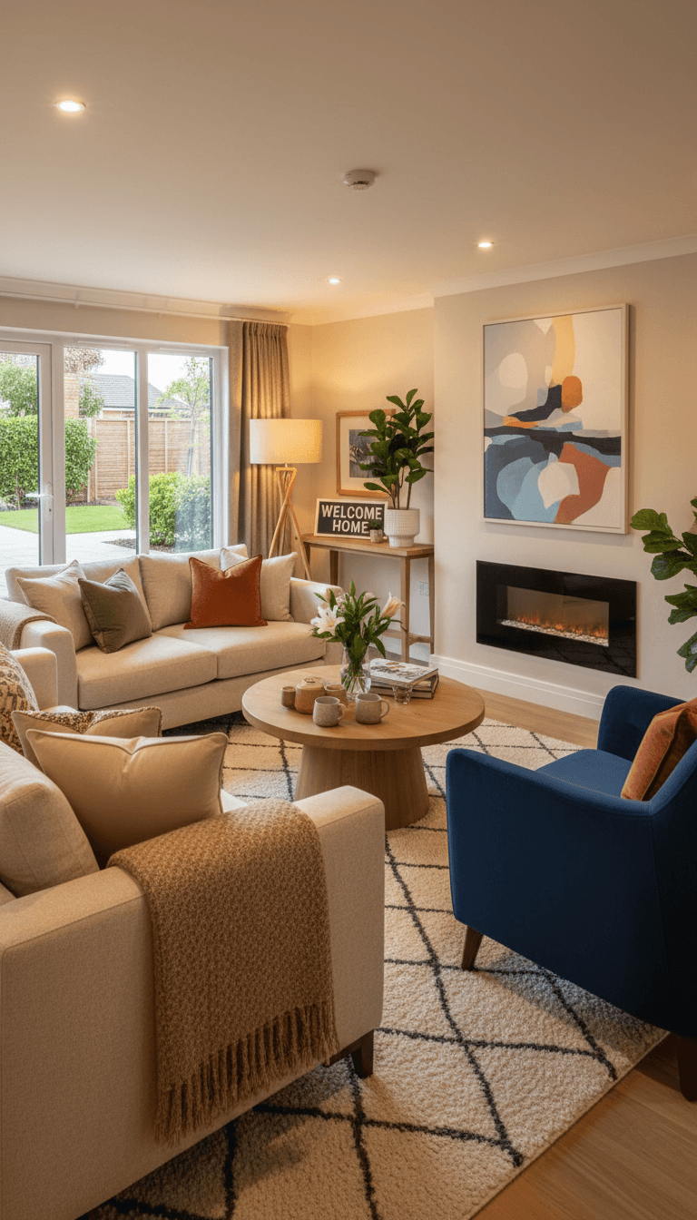 Staged retirement living room with neutral tones and comfortable seating