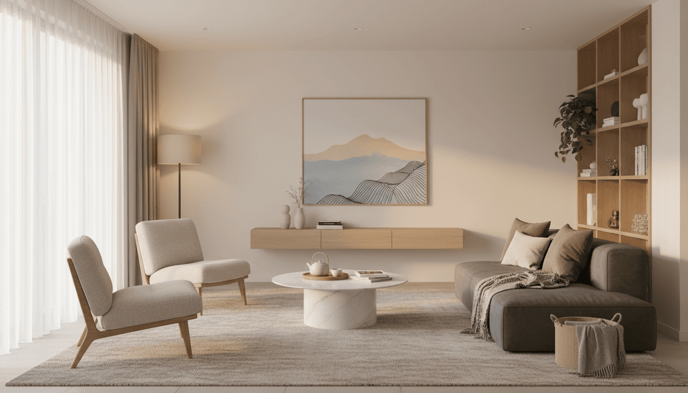 Professionally staged retirement apartment with modern furniture and warm lighting