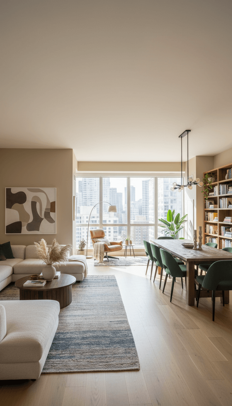 Staged open living area showing flow between different functional zones