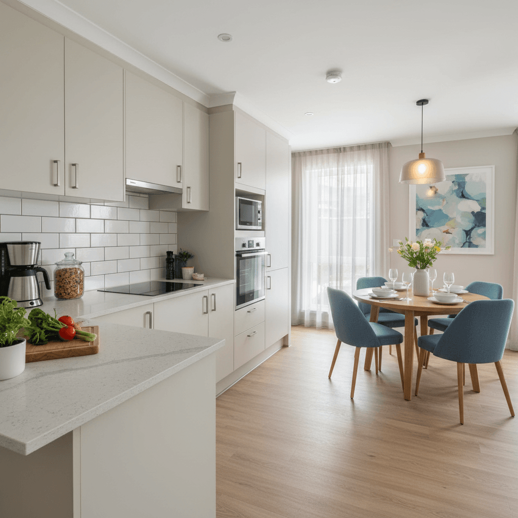 Modern kitchen and dining area staged for retirement village unit