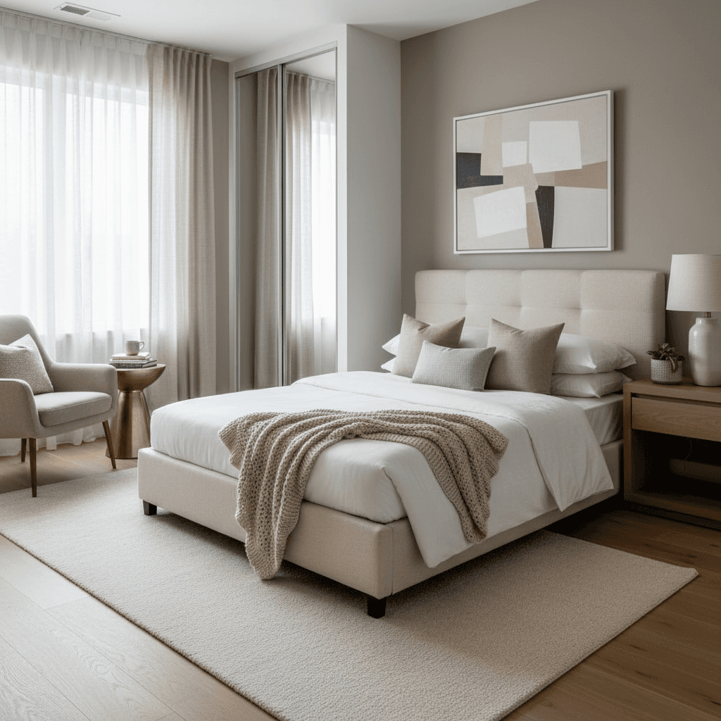 Staged bedroom in independent living unit with modern furnishings and natural lighting