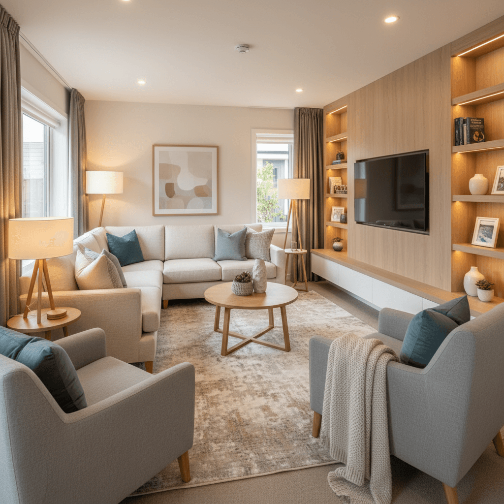 Modern retirement village living room with staged furniture and warm neutral tones