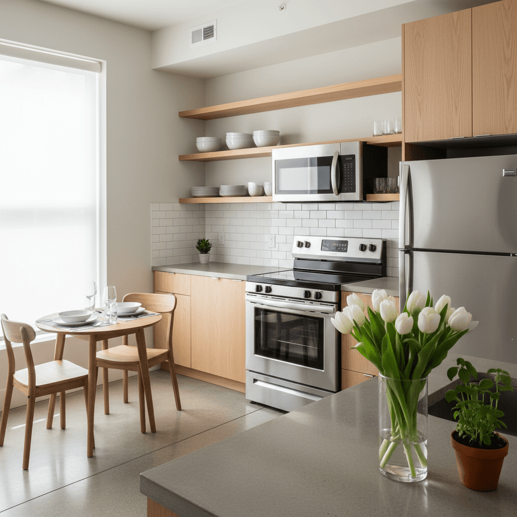 Bright, practical kitchen in staged retirement living unit