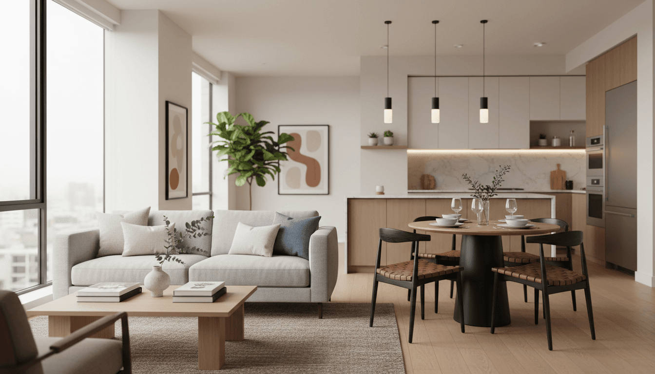 Staged retirement living unit with modern furniture and warm lighting