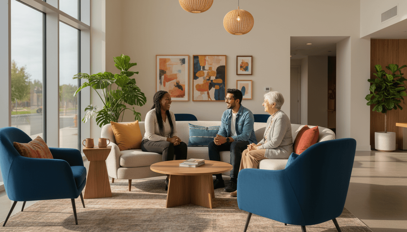 Staged retirement living unit with modern furniture, neutral tones, and bright natural light creating a welcoming, easy-to-visualize space